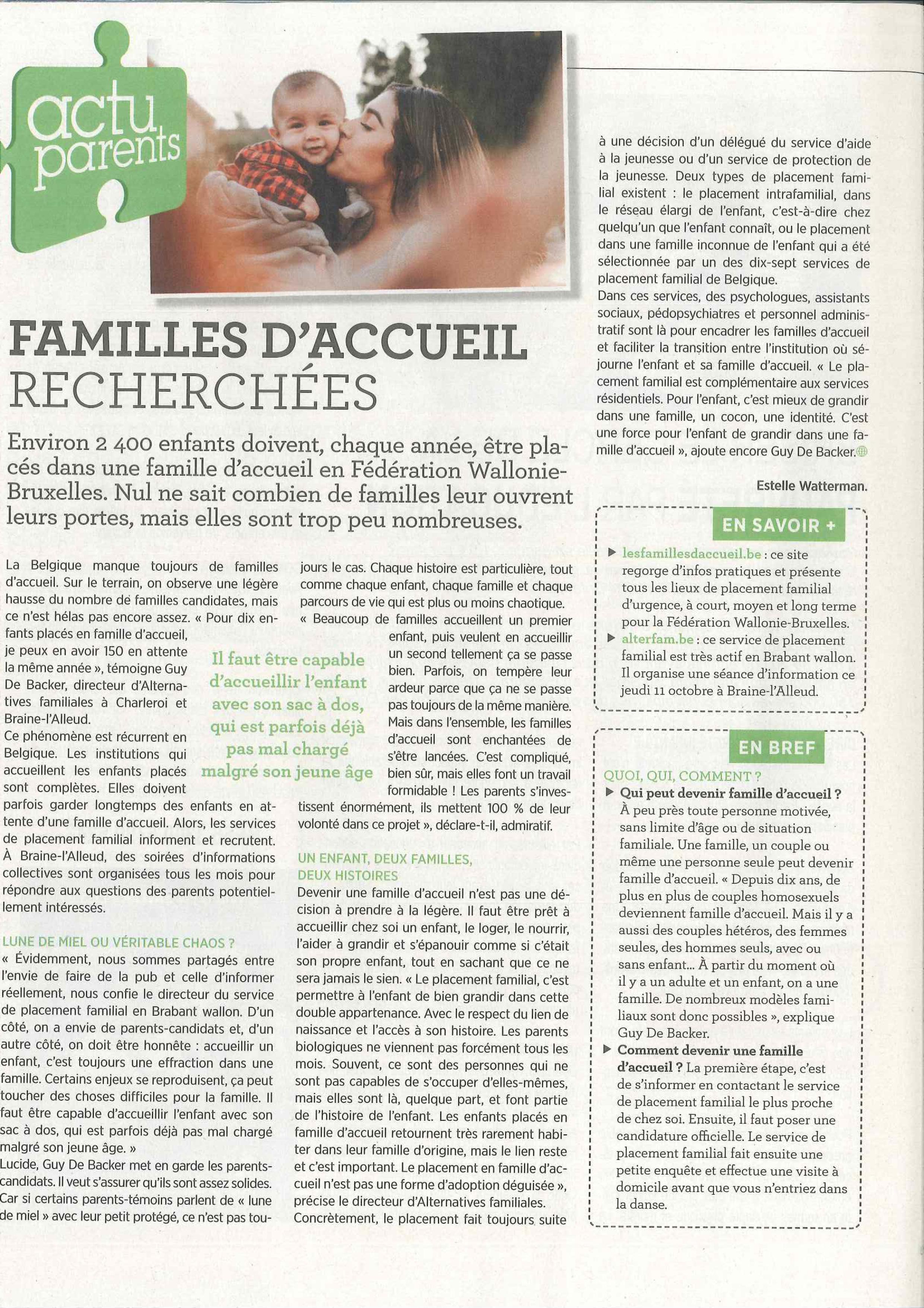 Article sur les familles d'accueil paru dans le ligueur du 10/10/2018
